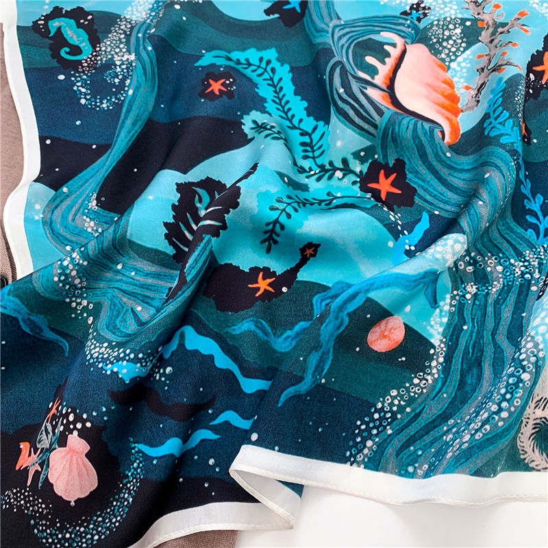 Thumbnail: Blue Underwater Print 53cm Silk Scarf | Blue Square Scarf