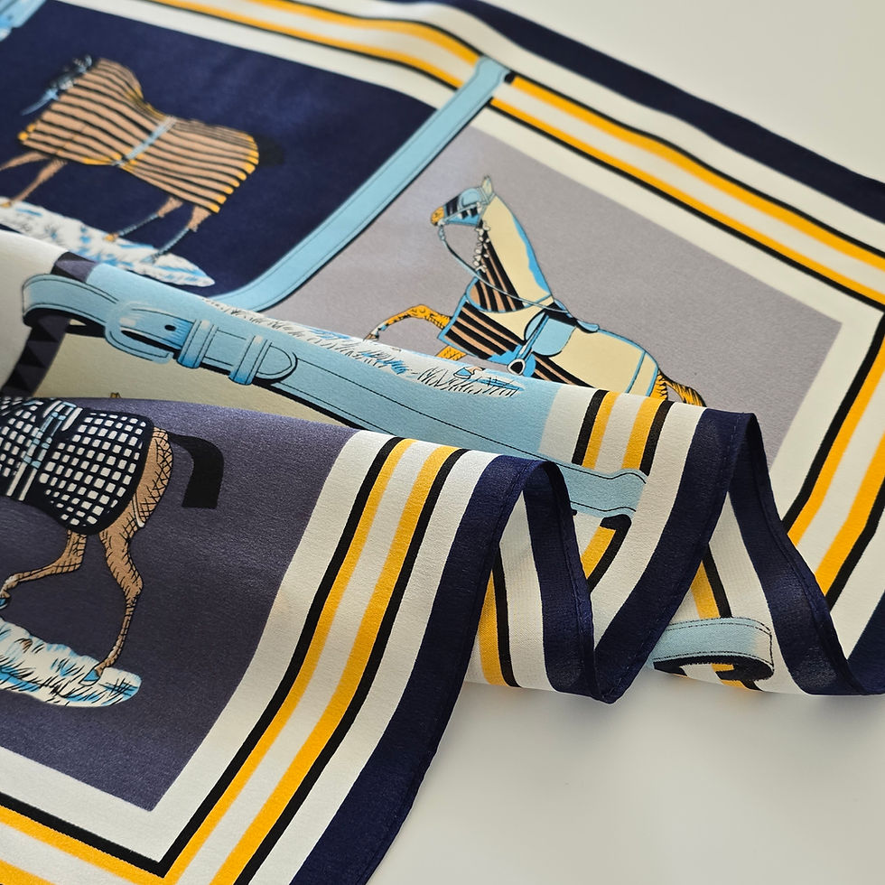Thumbnail: Horse Print 53cm Silk Scarf | Navy Blue White Silk Scarf