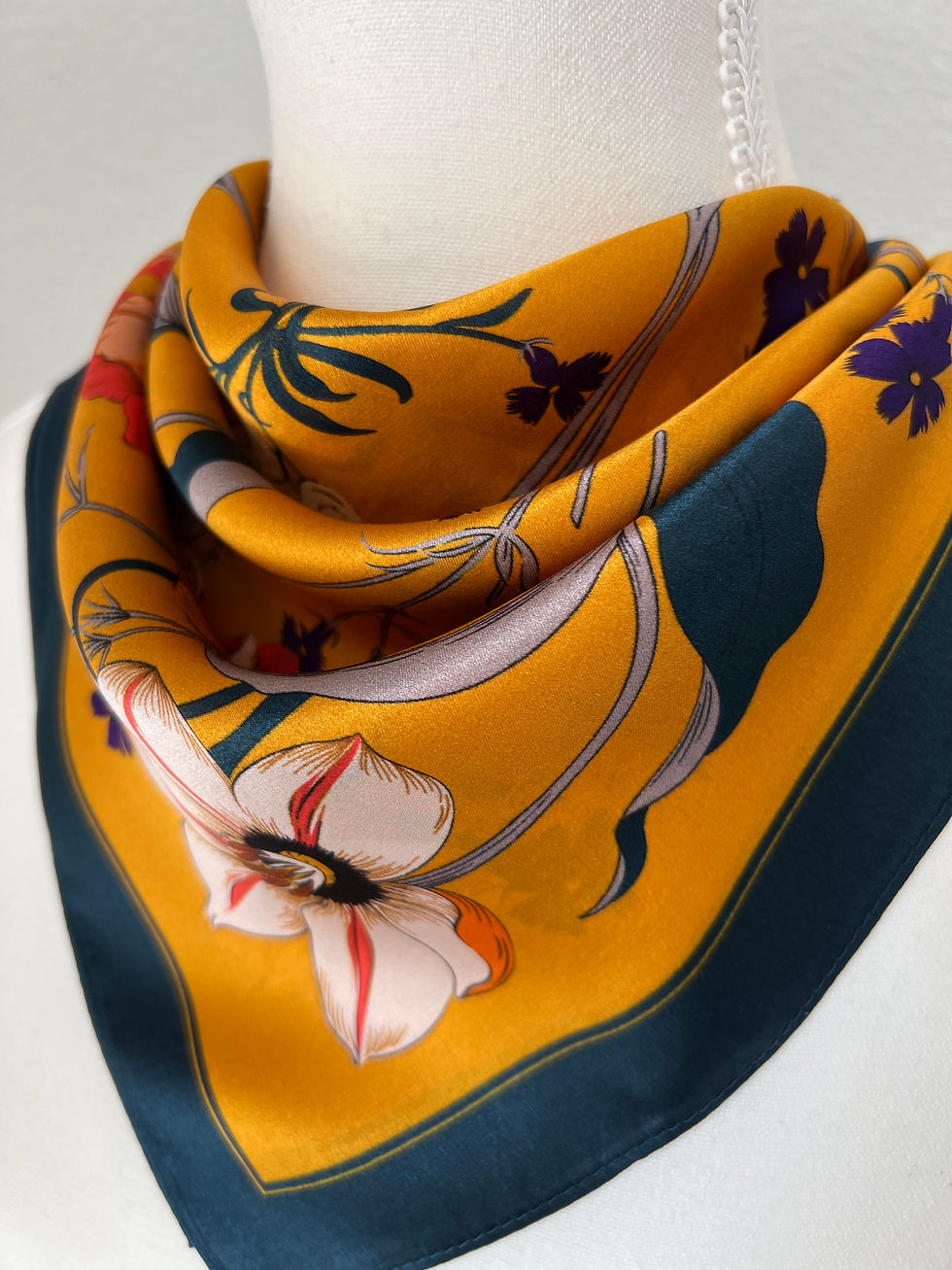 Thumbnail: Mustard Poppy Flower 53cm Silk Scarf Bandana | Square Scarf
