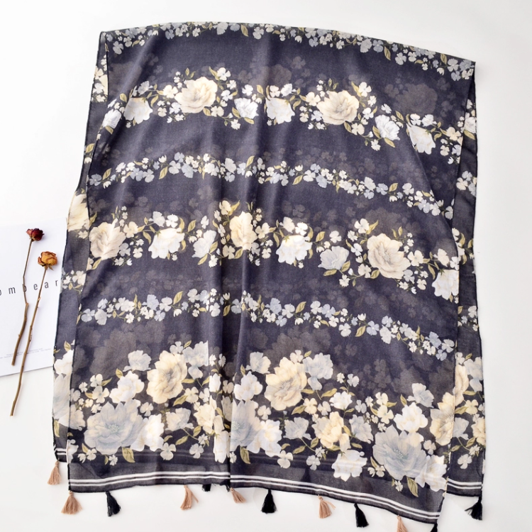 Miniatura: VB-FL08 Gray Floral Pattern with Tassels Fashion Scarf