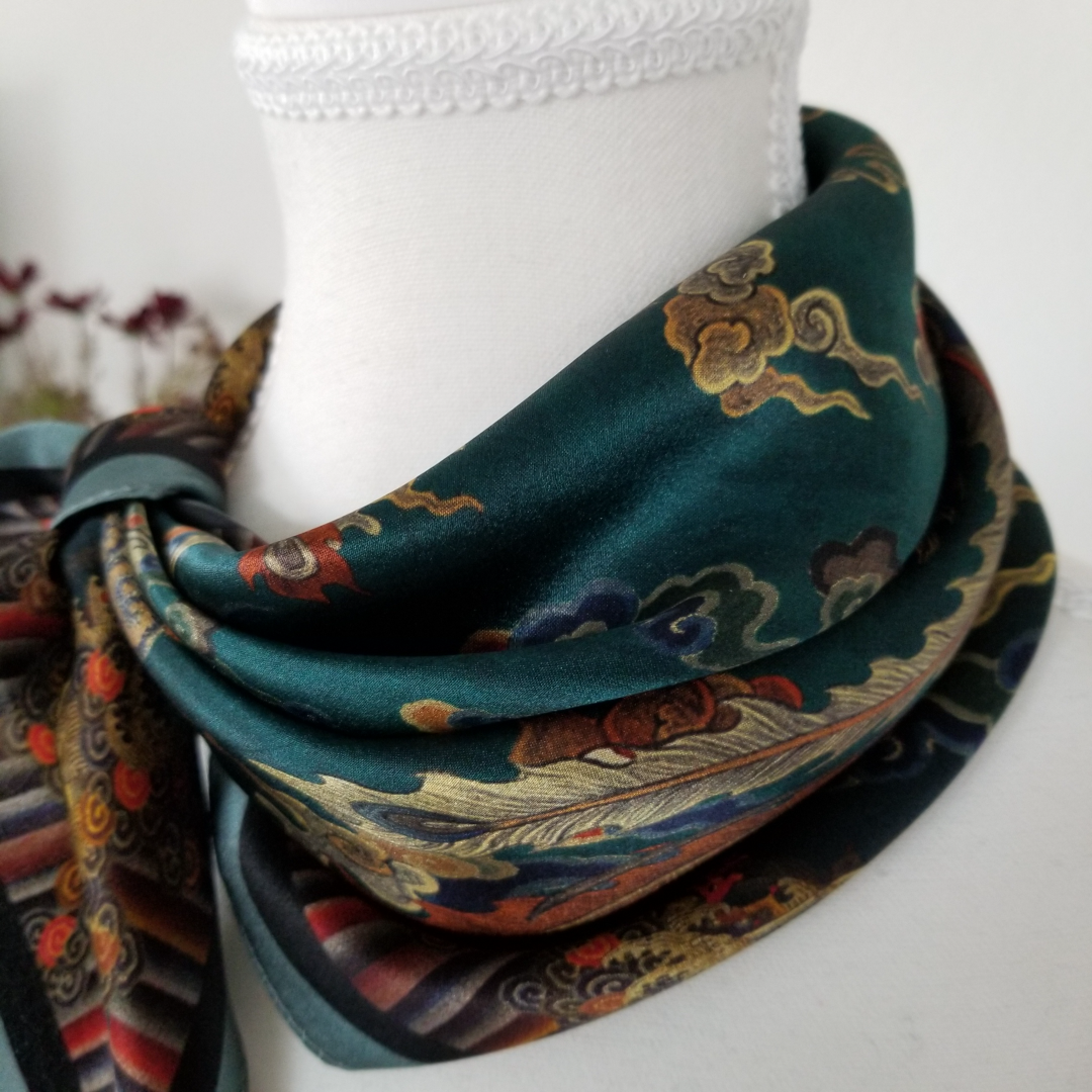 Floral Dark Teal Silk Scarf 53cm | Mystical Dragon Pattern | Vintage Vibe