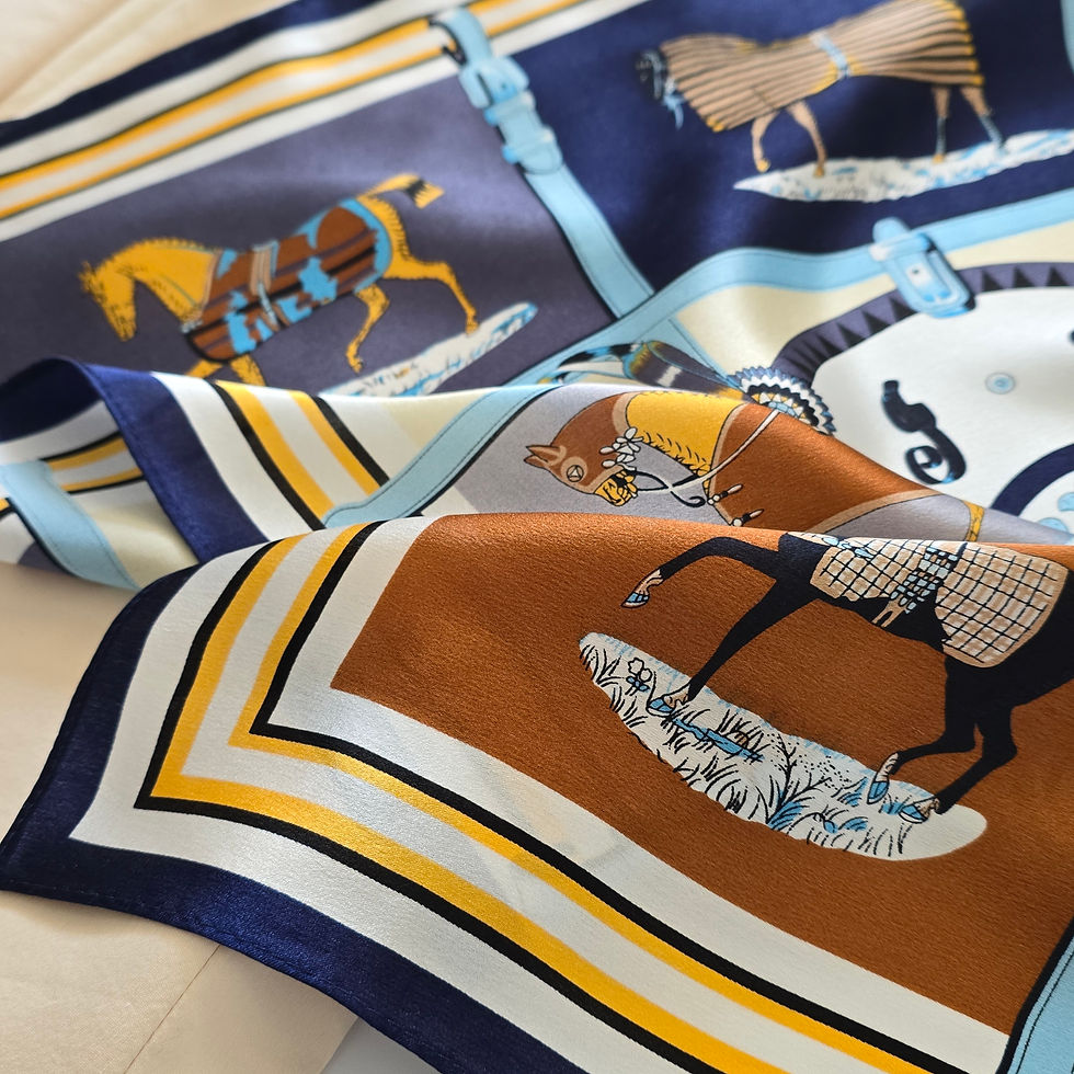 Thumbnail: Horse Print 53cm Silk Scarf | Navy Blue White Silk Scarf