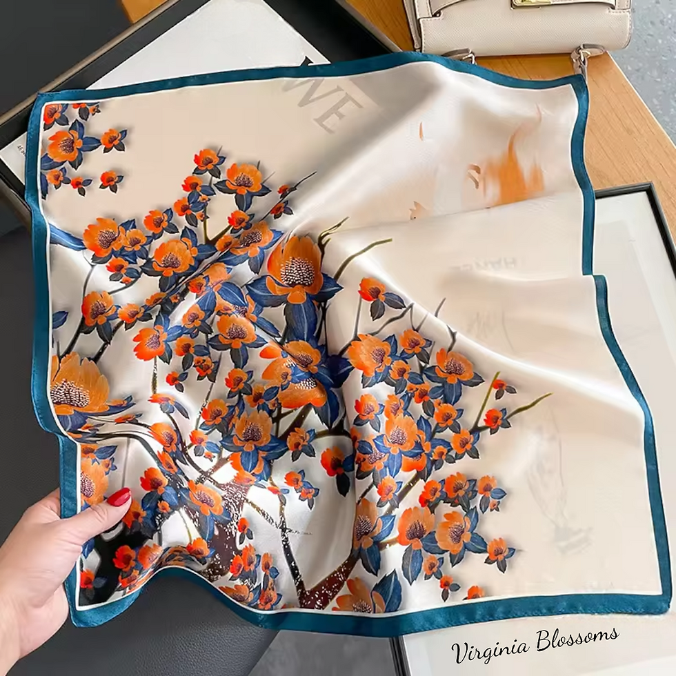 Thumbnail: Spring Floral Silk Scarf 53cm | Orange Flowers Print Silk Scarf
