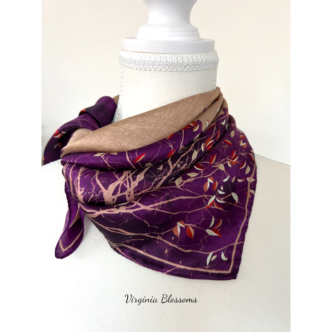 Tree In Dark Purple Tan 53cm Silk Scarf Bandana | Violet Square Scarf
