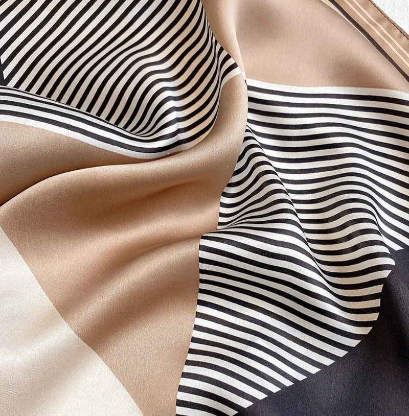 Thumbnail: Brown Tricolor 53cm Silk Scarf | Geometric Lines Scarf | Maroon