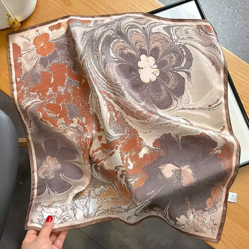 Thumbnail: Floral Abstract 53cm Silk Scarf | Beige Taupe Silk Scarf