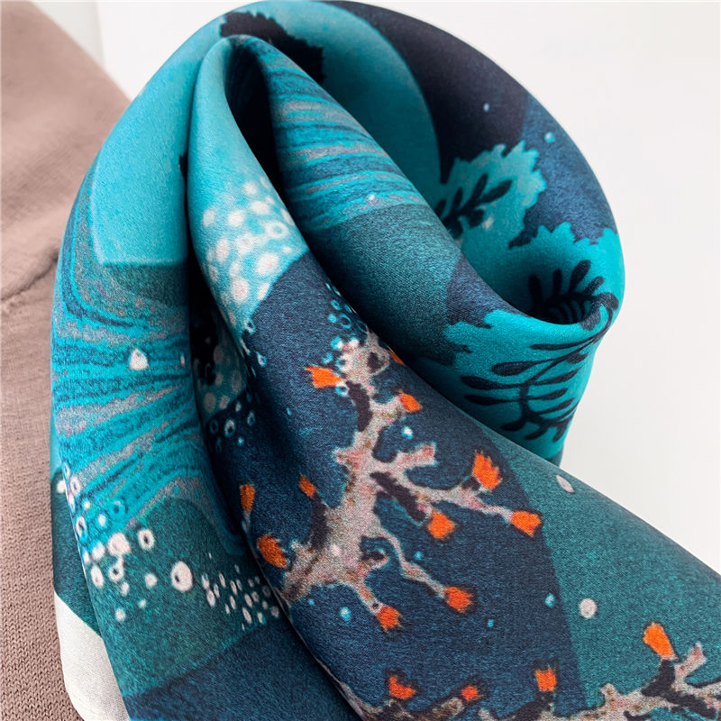 Thumbnail: Blue Underwater Print 53cm Silk Scarf | Blue Square Scarf