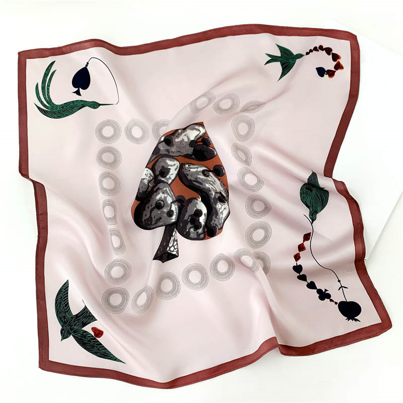 Thumbnail: Heart Spades Print 53cm Silk Scarf | Birds and Heart Taupe Scarf
