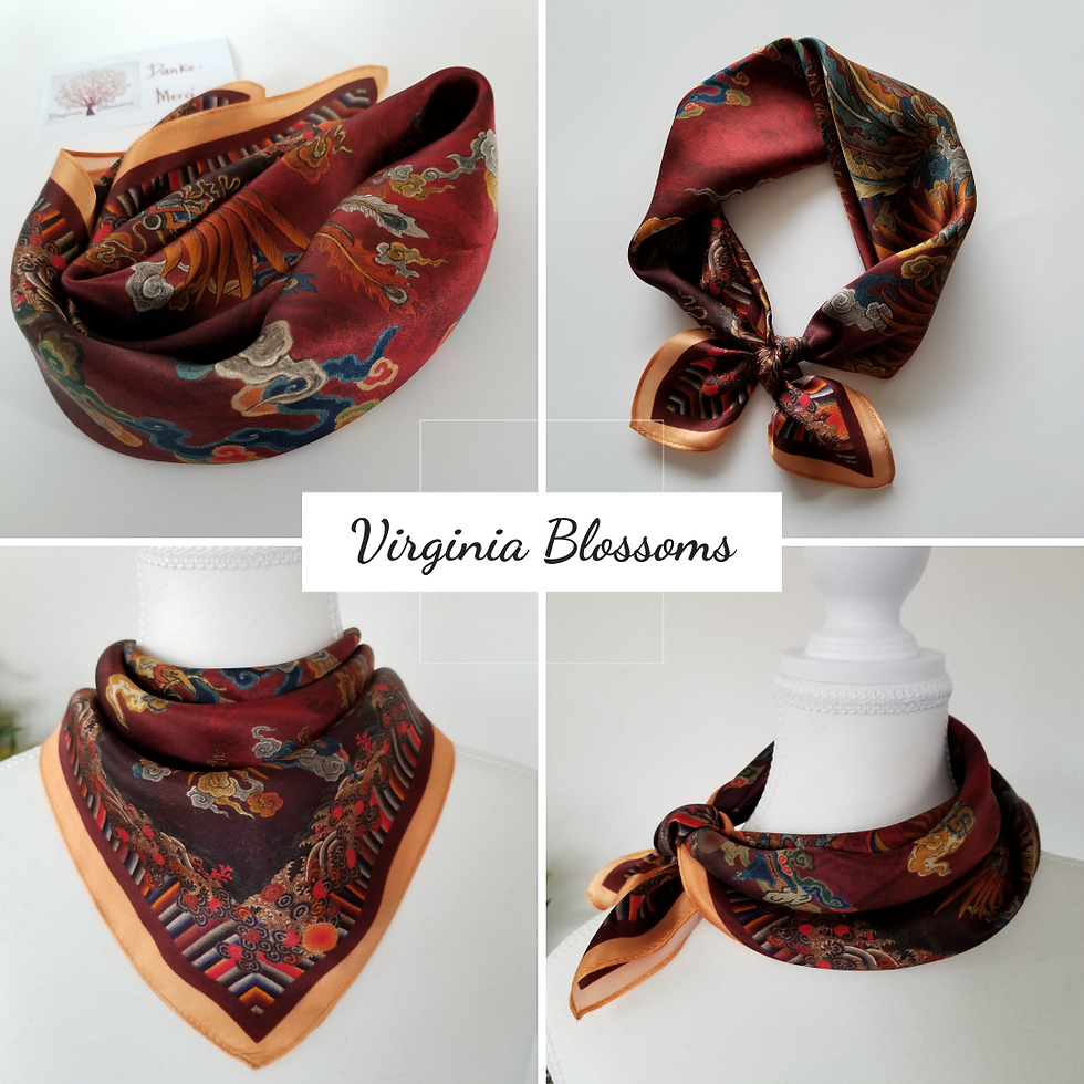 Thumbnail: Floral Dark Burgundy Silk Scarf 53cm | Mystical Dragon Pattern | Vintage Vib