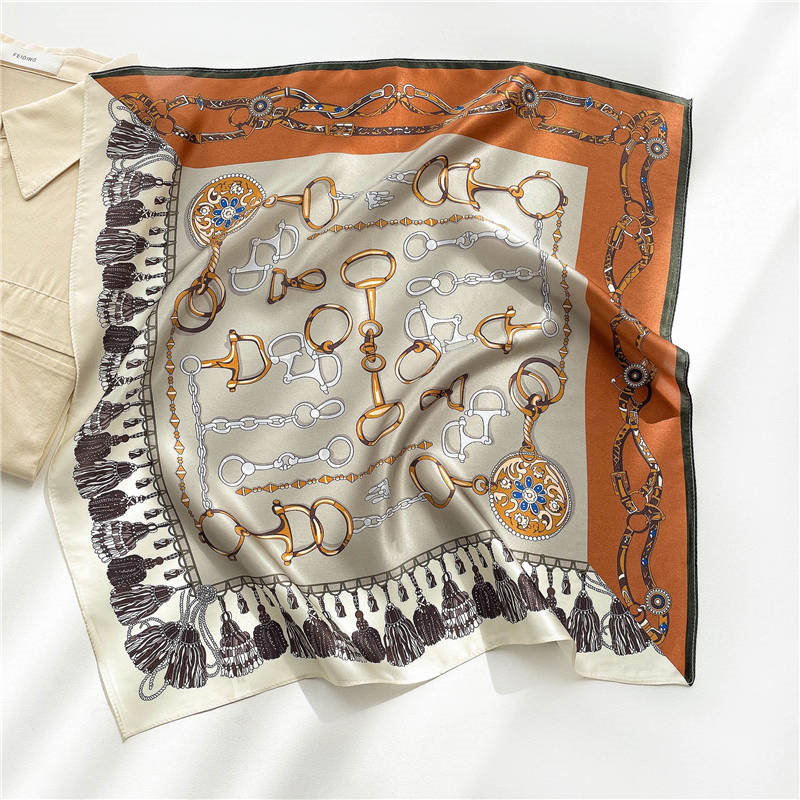 Thumbnail: Chains and Tassels 53cm Silk Scarf | Luxury Print Silk Scarf