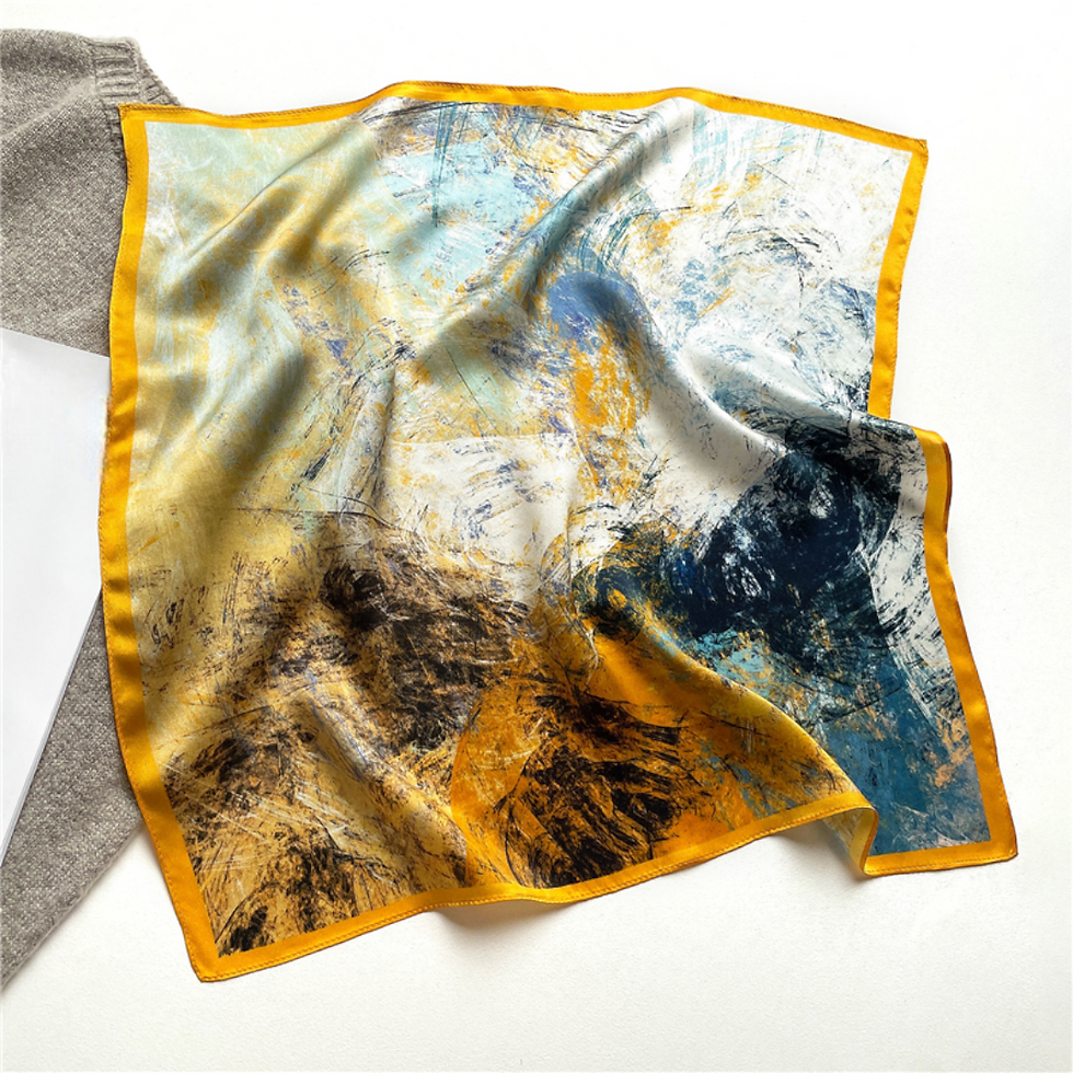Miniature : Yellow Abstract 53cm Silk Scarf | Color Paint Pattern Scarf