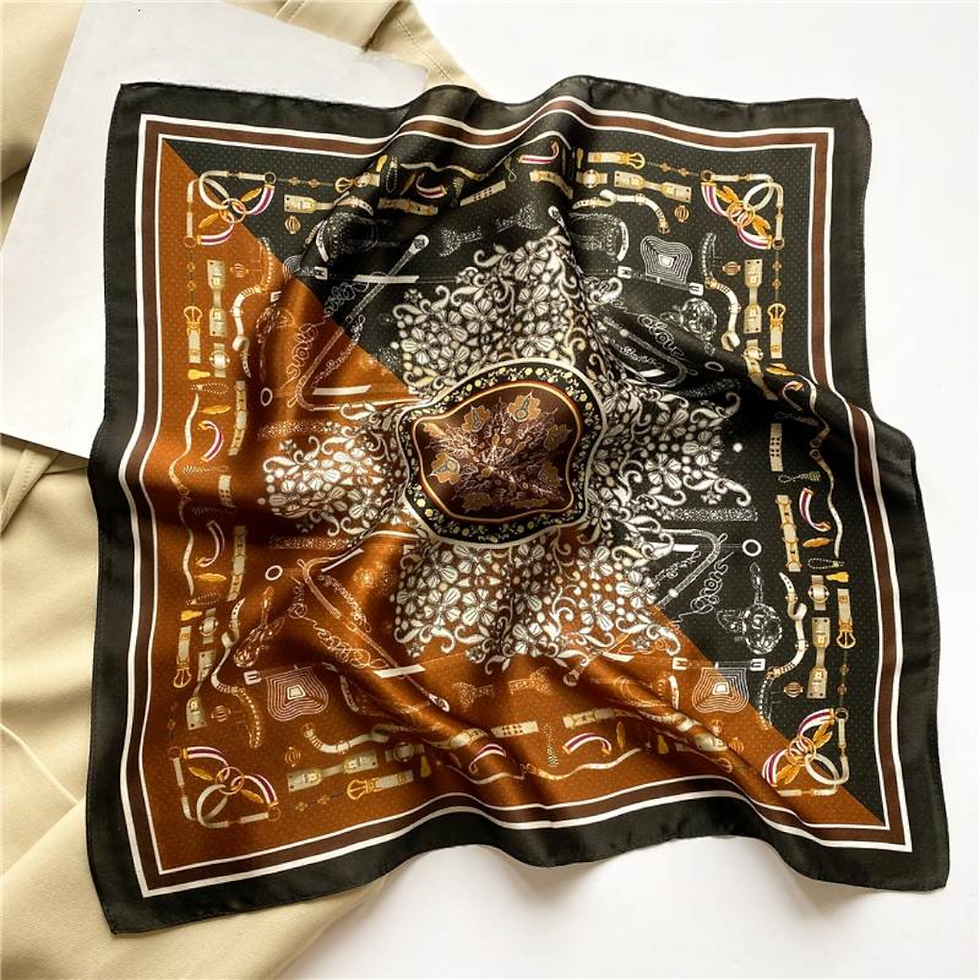 Thumbnail: Boho Black Toffee 53cm Silk Scarf | Black Brown Silk Bandana