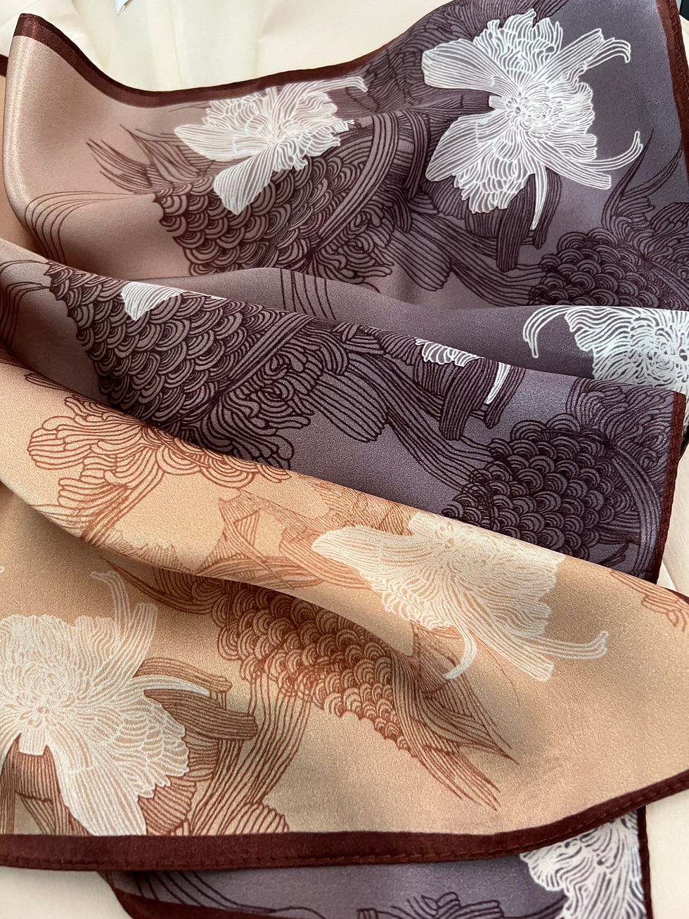 Miniature : Floral Brown Taupe 53cm Silk Scarf | Beige Brown Scarf