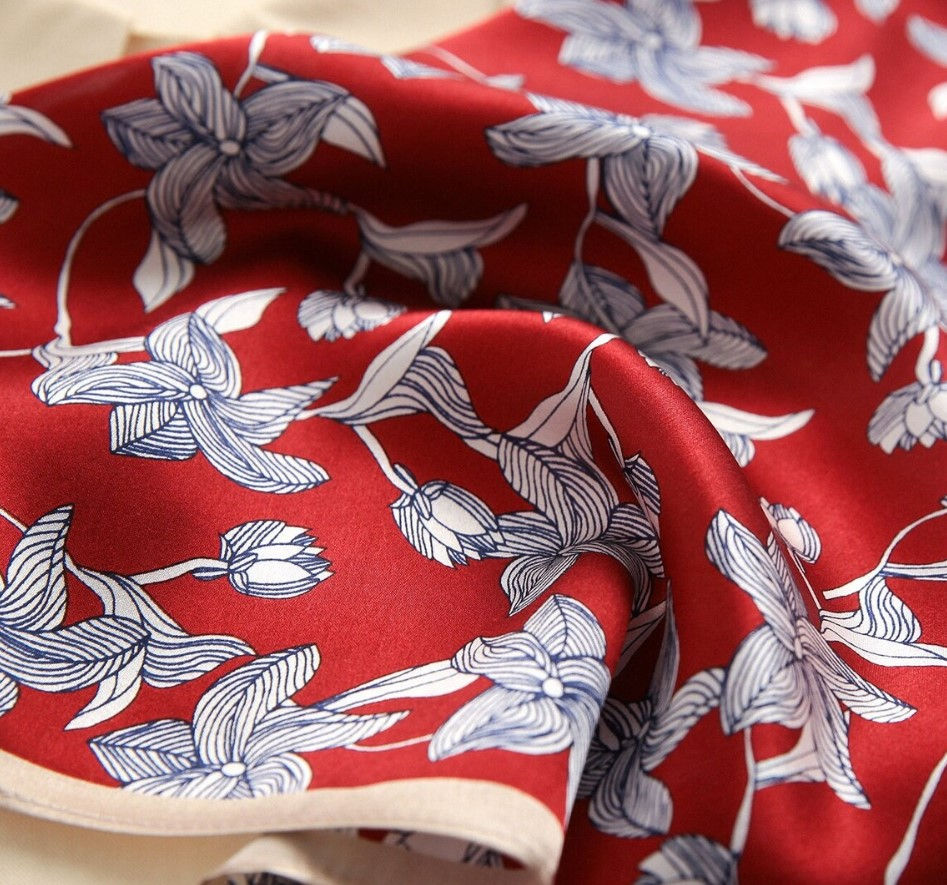Thumbnail: Leafy Flowers  53cm Silk Scarf | Floral Bandana | Silk Square Scarf