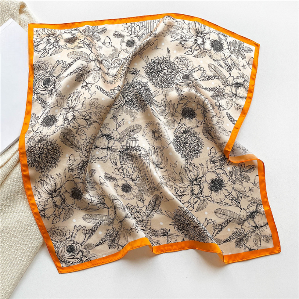 Thumbnail: Floral Beige 53cm Silk Scarf | Beige Small Scarf | Floral Print