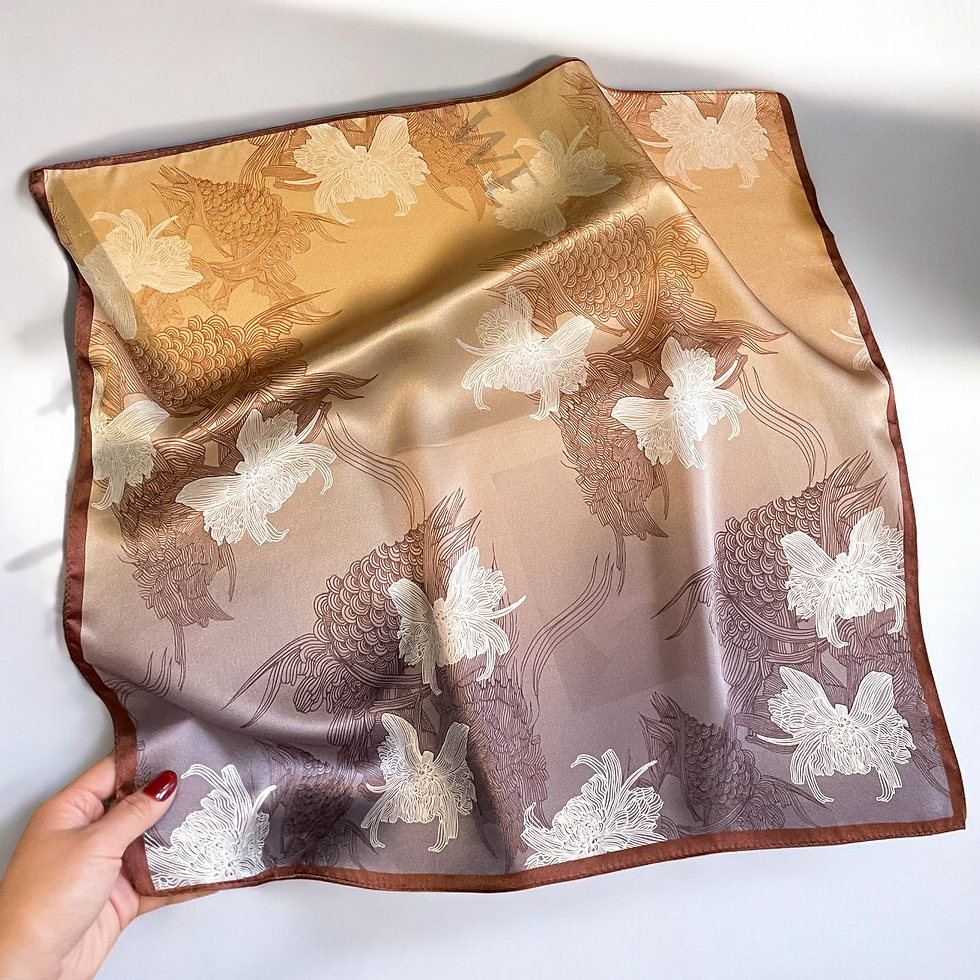 Thumbnail: Floral Brown Taupe 53cm Silk Scarf | Beige Brown Scarf