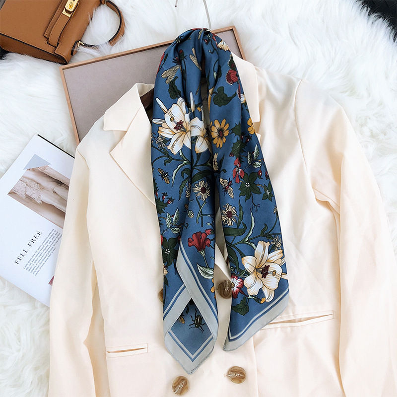 Thumbnail: Florals and Bugs Blue 70cm Square Scarf Bandana