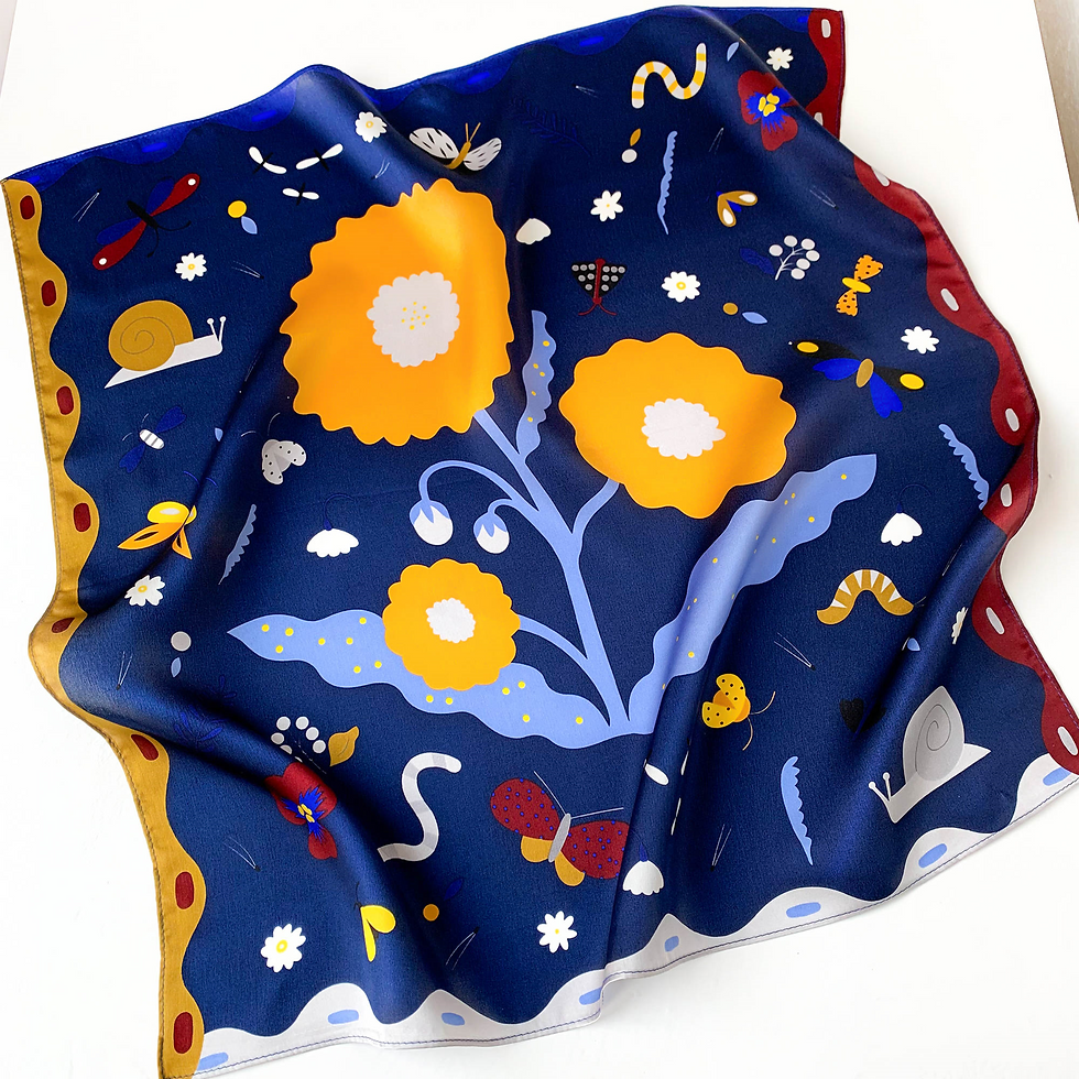 Thumbnail: Floral Scandinavian Silk Scarf Bandana | Navy Blue Square Scarf