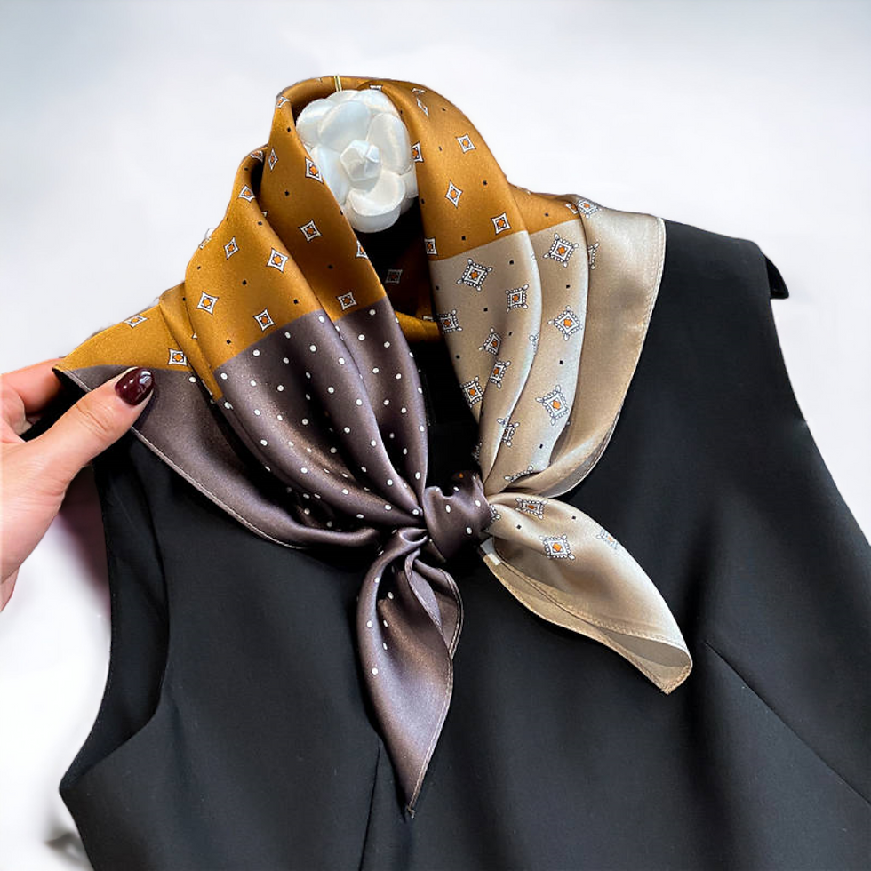 Thumbnail: Tricolor Camel Brown 68cm Silk Scarf Bandana | Square Scarf