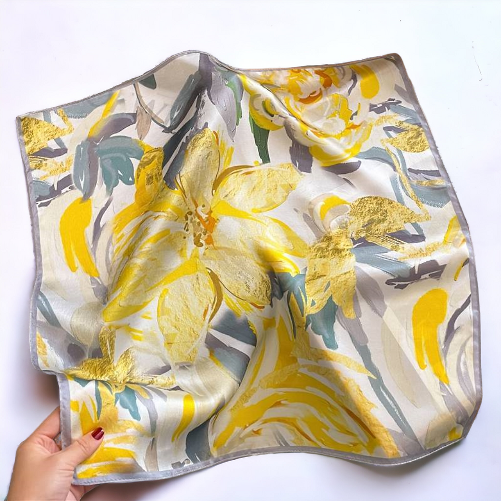 Miniature : Yellow Floral 53cm Silk Scarf Bandana | Yellow Square Scarf