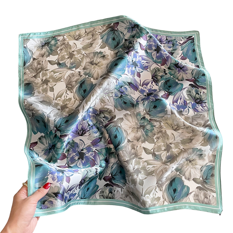 Thumbnail: Floral Pattern 53cm Silk Scarf | Silk Bandana | Green Purple Silk Scarf