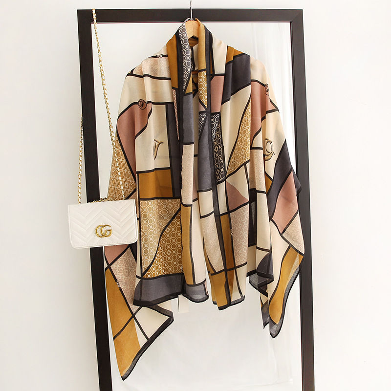 Thumbnail: LUX-V12 Mustard Geometric Blocks Fashion Scarf