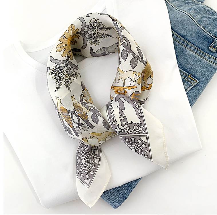 Thumbnail: White Gray Peacock 53cm Silk Scarf | Animal Abstract Scarf