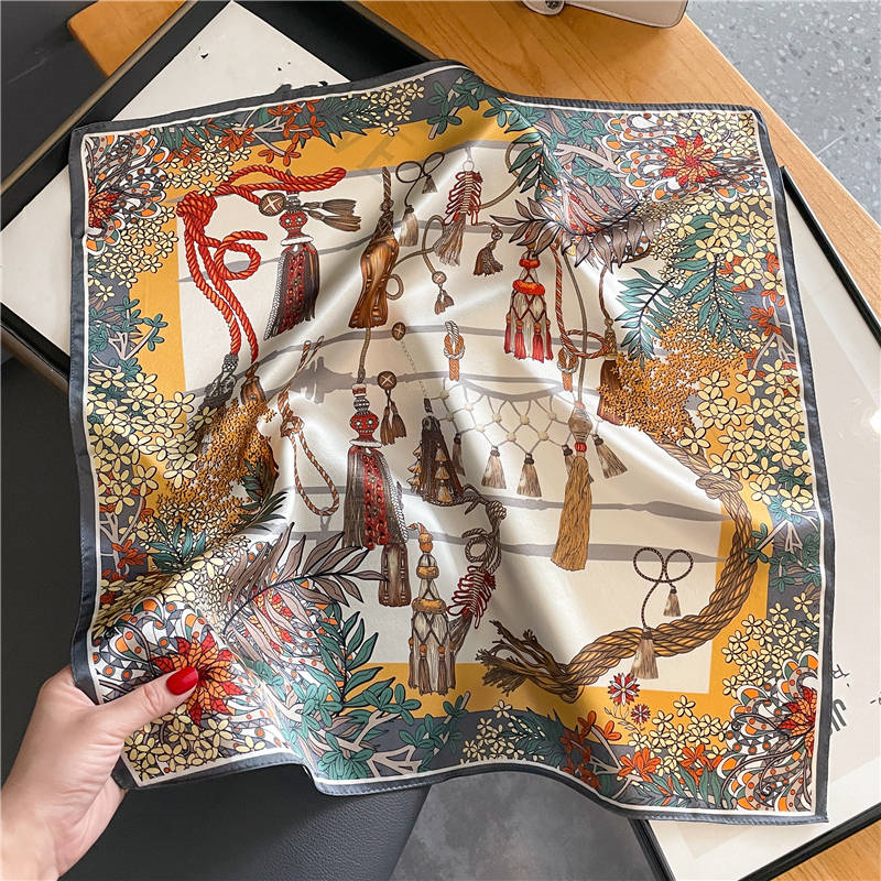 Thumbnail: Floral and Tassels 53cm Silk Scarf | Silk Bandana | Square Scarf