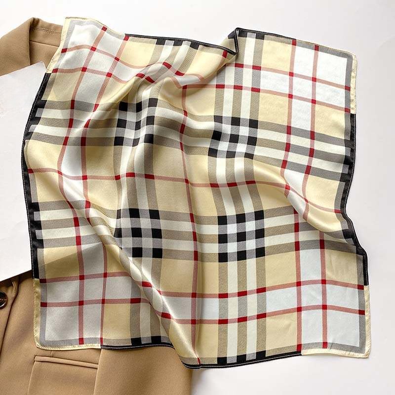 Miniatura: Checkered Beige 53cm Silk Scarf | Check Pattern Geometric Lines