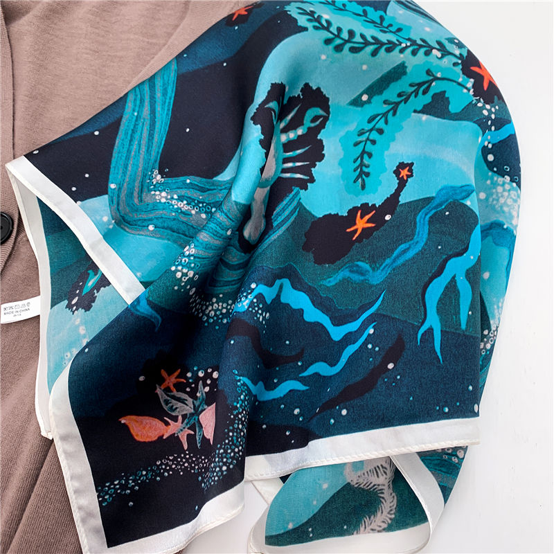 Thumbnail: Blue Underwater Print 53cm Silk Scarf | Blue Square Scarf