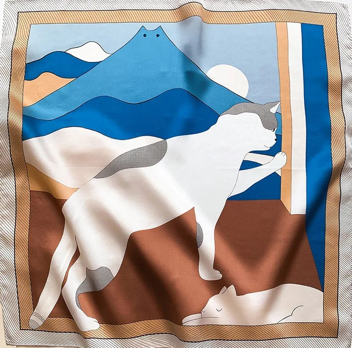 Thumbnail: Cat and Mountain 53cm Silk Scarf | Small Square Scarf Cat Print