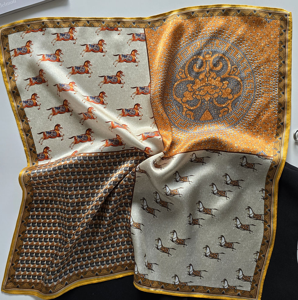 Miniaturbild: Horse Print Silk Scarf 53cm | Orange Beige Tan Equestrian Scarf