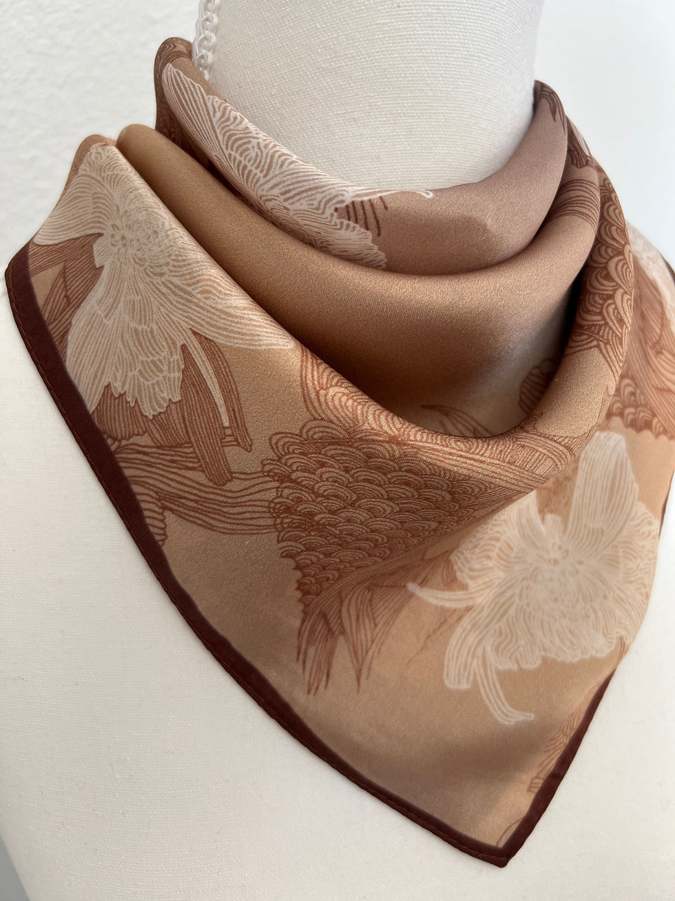 Thumbnail: Floral Brown Taupe 53cm Silk Scarf | Beige Brown Scarf