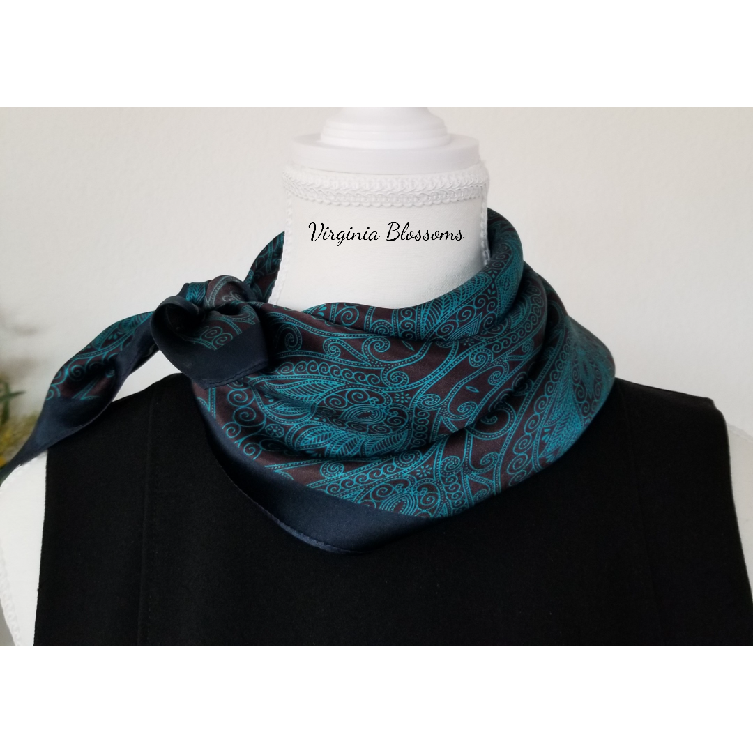 Boho Teal Cyan 53cm Silk Scarf Bandana | Blue Square Scarf