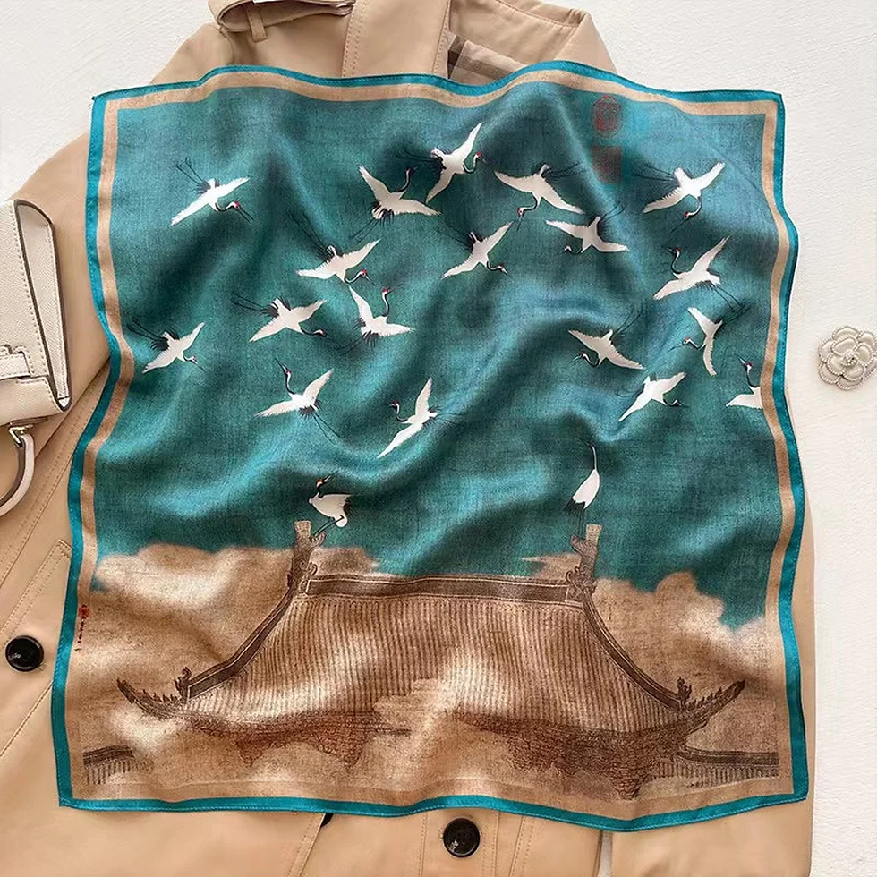 Miniatura: Heron Bird Print 53cm Silk Scarf | Rust Green Square Scarf