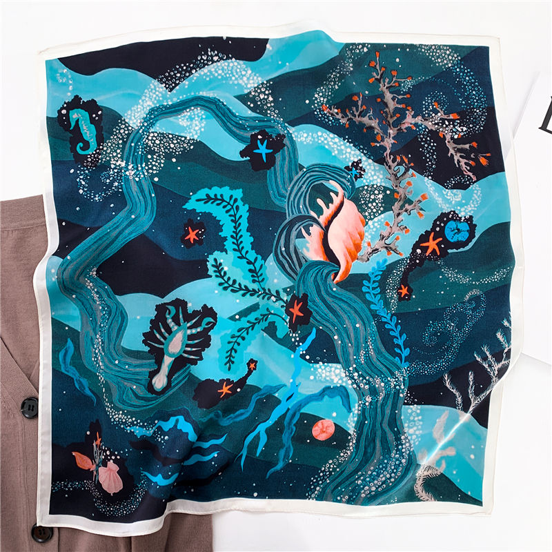 Thumbnail: Blue Underwater Print 53cm Silk Scarf | Blue Square Scarf