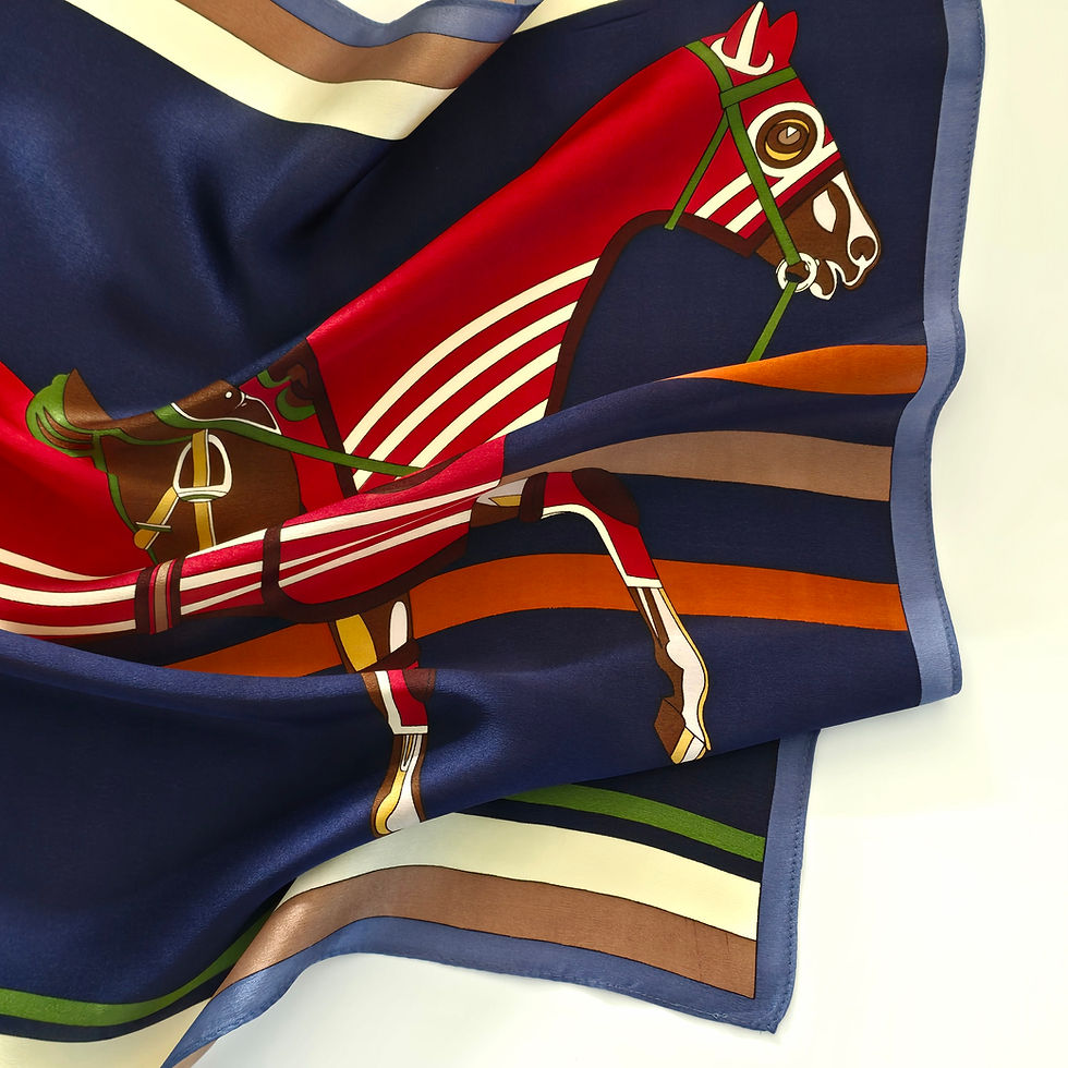 Thumbnail: Horse Print 53cm Silk Scarf Bandana | Navy Blue Scarf
