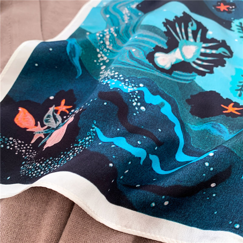 Miniature : Blue Underwater Print 53cm Silk Scarf | Blue Square Scarf