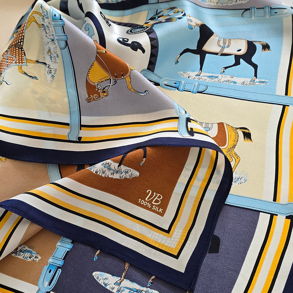 Thumbnail: Horse Print 53cm Silk Scarf | Navy Blue White Silk Scarf