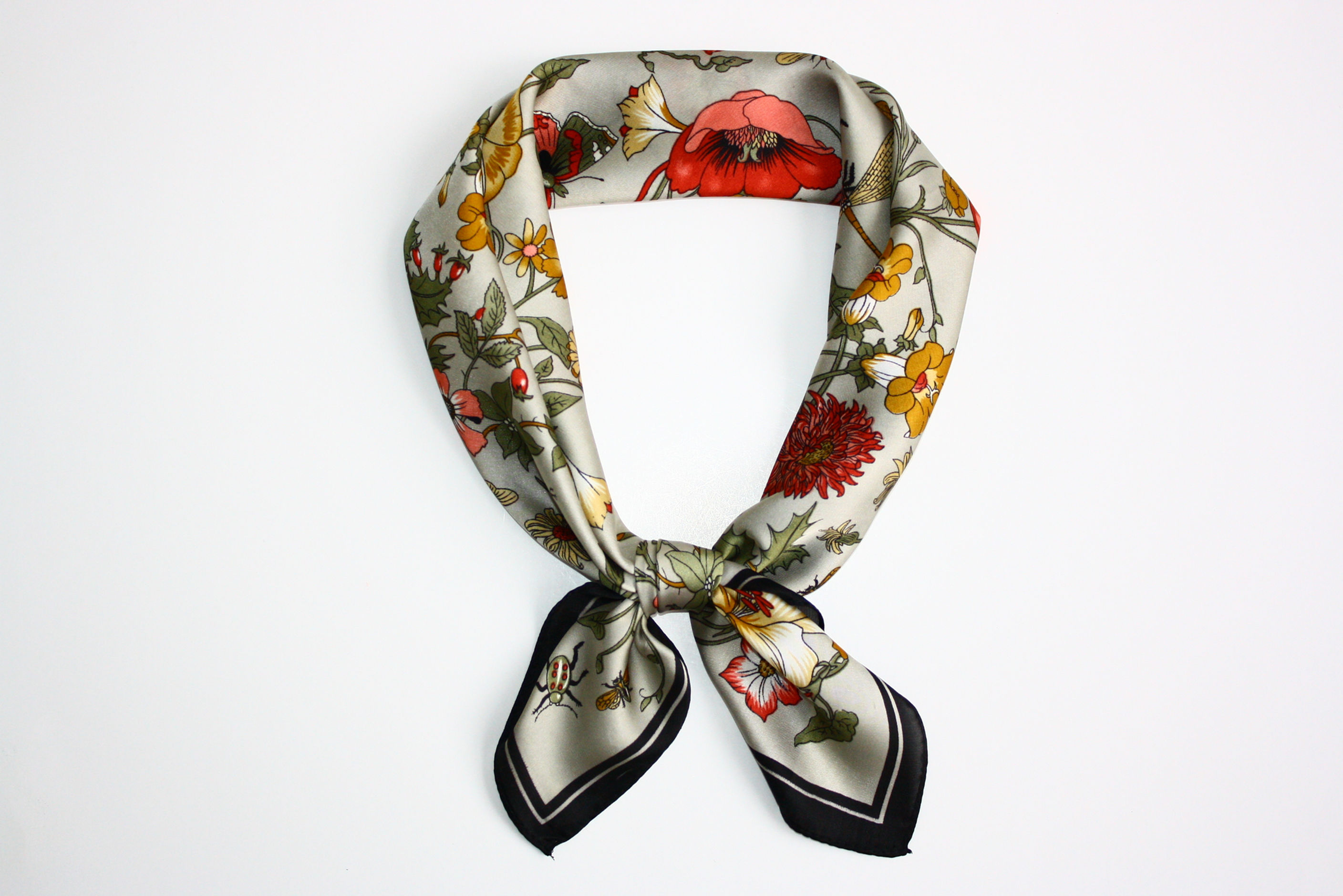 Florals and Bugs Gray 70cm Square Scarf Bandana