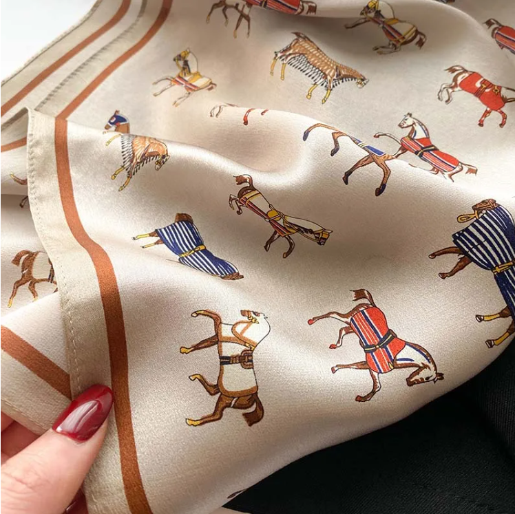 Thumbnail: Equestrian Horse Print 53cm Silk Scarf | Horse Lover Scarf