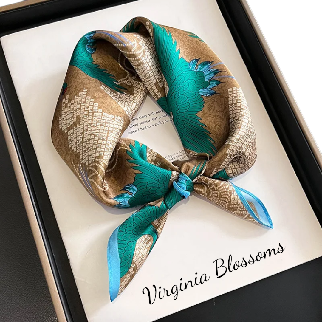 Flying Crane Silk Scarf 53cm | Blue Teal Silk Scarf | Bird Print