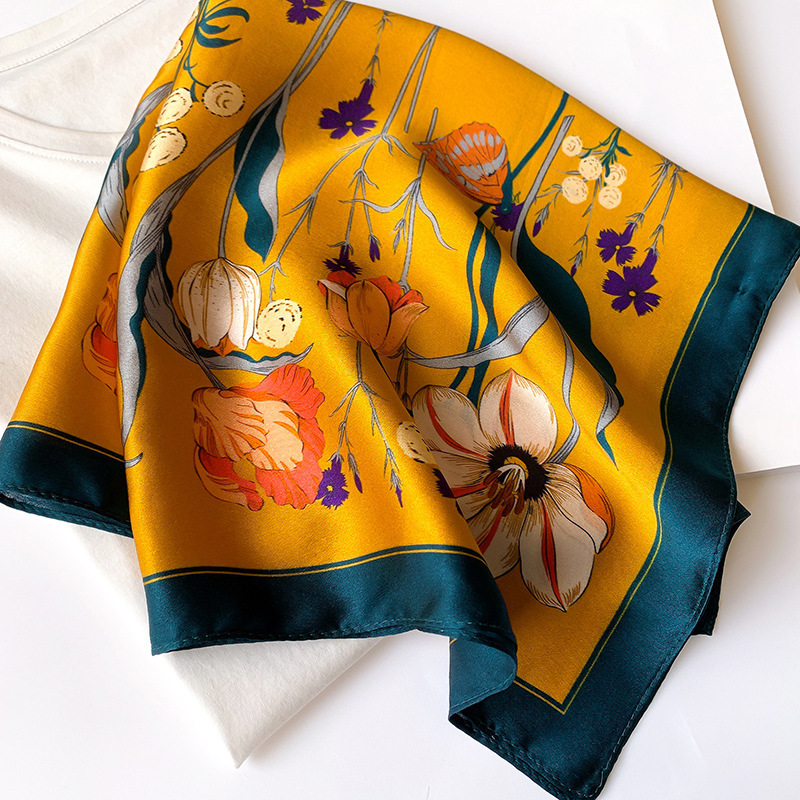 Thumbnail: Mustard Poppy Flower 53cm Silk Scarf Bandana | Square Scarf