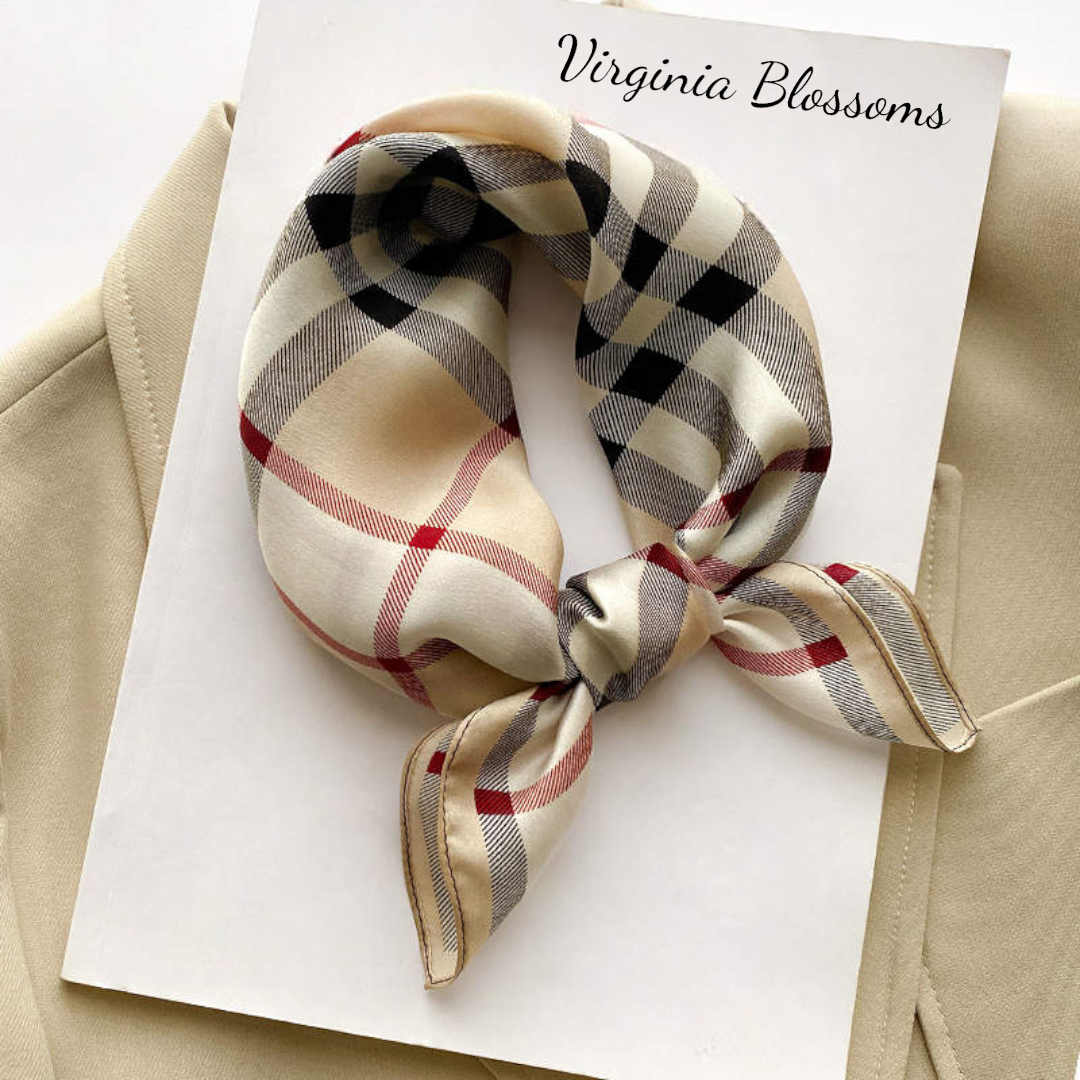Checkered Beige 53cm Silk Scarf | Check Pattern Geometric Lines