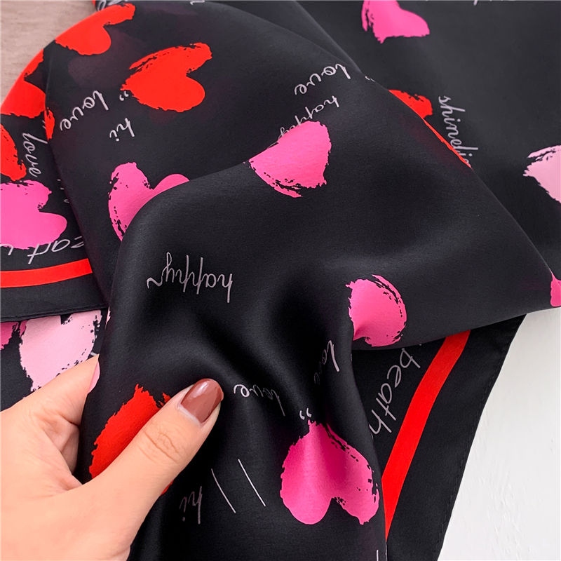 Thumbnail: Heart Print 53cm Silk Scarf | Black Square Scarf | Heart Shape