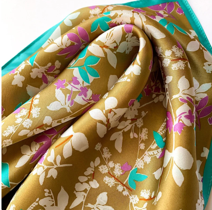 Thumbnail: Floral 53cm Silk Scarf Bandana | Leaf Pattern Silk Square Scarf