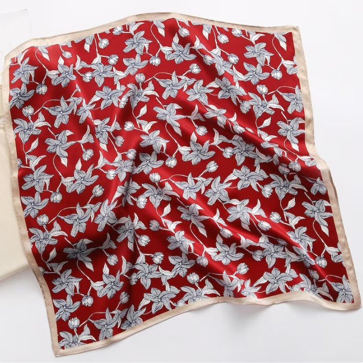Thumbnail: Leafy Flowers  53cm Silk Scarf | Floral Bandana | Silk Square Scarf
