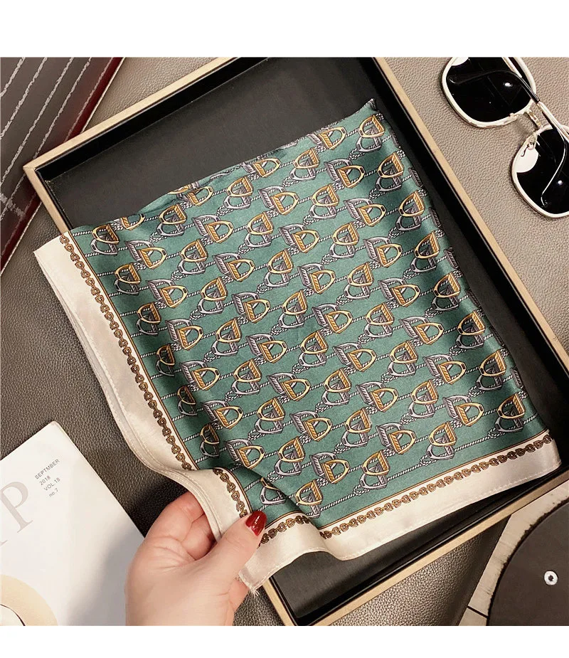 Thumbnail: Chain Print 53cm Silk Scarf | Dark Fern Green Small Scarf | Horse bit
