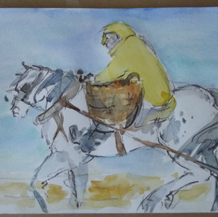 Small painting from my sketchbook of the shrimp fishermen and their sturdy horses on the French Atlantic coast.