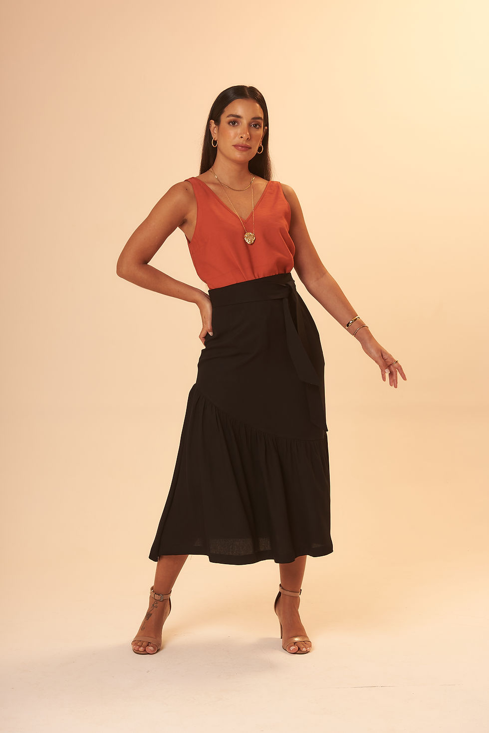 Saia Midi Babados Preta